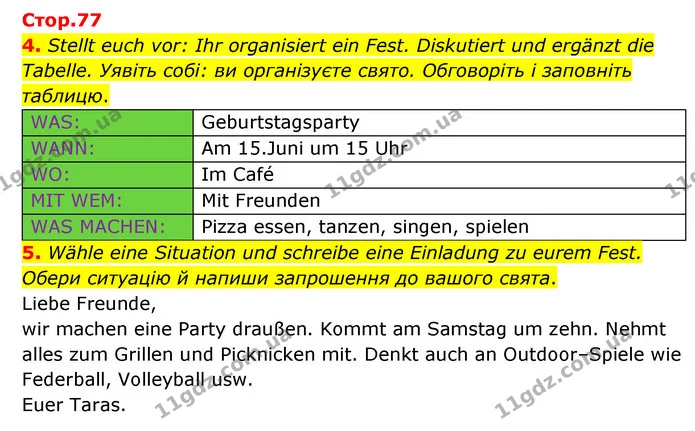 4. Stellt euch vor: Ihr organisiert ein Fest. Diskutiert und ergänzt die Tabelle. Уявіть собі: ви організуєте свято. Обговоріть і — ГДЗ Робочий зошит Німецька мова 6 клас Гоголєва