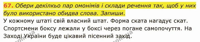 67. Обери декілкьо пар омонімів і склади речення так, щоб у них було використано обидва слова. Запиши. — ГДЗ Українська мова 5 клас Онатій
