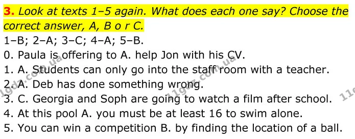 3. Look at texts 1–5 again. What does each one say? Choose the correct answer, A, B o r C. — ГДЗ Англійська мова 8 клас Стайрінг (Prepare)