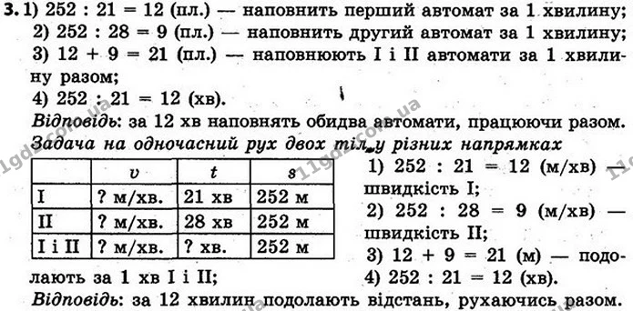 3. Один автомат наповнив водою 252 пляшки за 21 хв, а інший — за 28 хв. За скільки хвилин наповнять 252 пляшки ці два автомати — ГДЗ Математика 4 клас Скворцова 2015