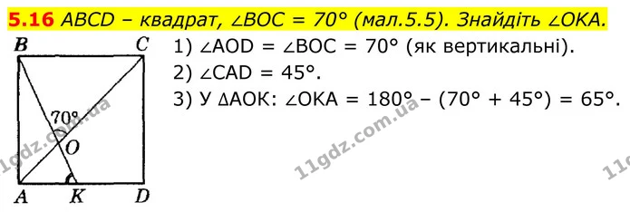 5.16 ABCD – квадрат, ∠BOC = 70° (мал.5.5). Знайдіть ∠OKA. — ГДЗ Геометрія 8 клас Істер