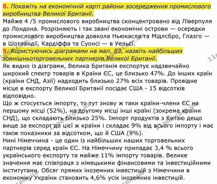 8. Покажіть на економічній карті райони зосередження промислового виробництва Великої Британії. — ГДЗ Географія 10 клас Бойко