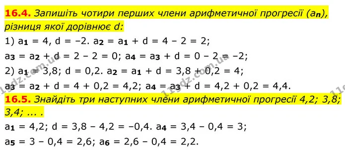 16.4. Запишіть чотири перших члени арифметичної прогресії (an), різниця якої дорівнює d: — ГДЗ Алгебра 9 клас Істер