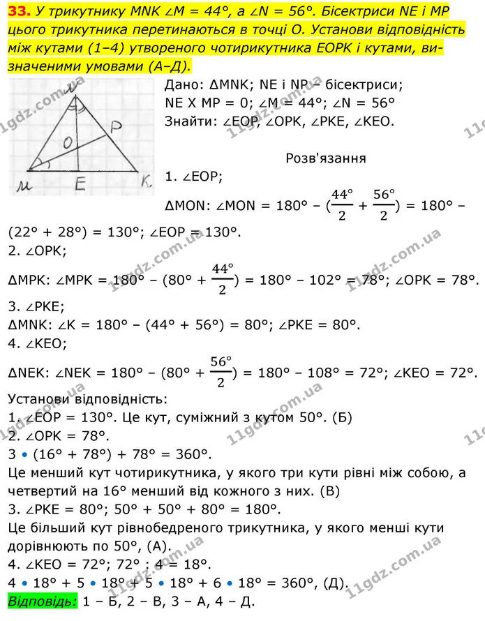 33. У трикутнику MNK ∠M = 44°, a ∠N = 56°. Бісектриси NE і MP — ГДЗ Геометрія 8 клас Бевз