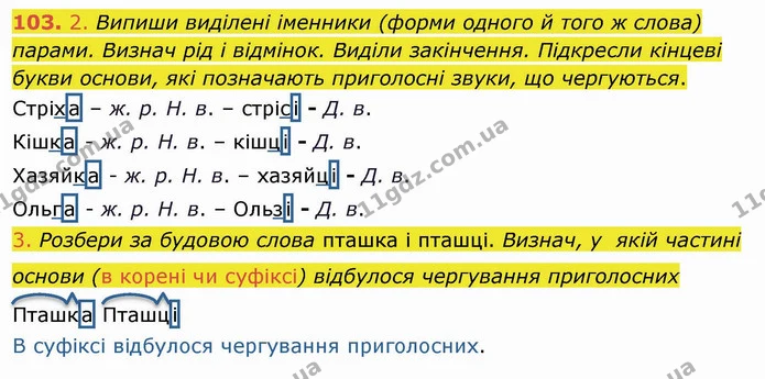 103. 2. Випиши виділені іменники (форми одного й того ж слова) парами. Визнач рід і відмінок. Виділи закінчення. Підкресли кінцеві — ГДЗ Українська мова та читання 4 клас Коваленко