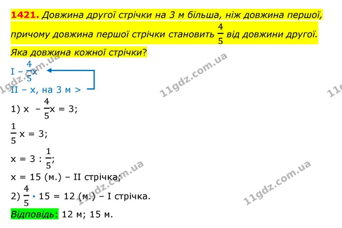 1421. Довжина другої стрічки на 3 м більша, ніж довжина першої, причому довжина першої стрічки становить 45 від довжини другої. Яка — ГДЗ Математика 6 клас Істер 2023 1-2 ч.