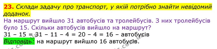 23. Склади задачу про транспорт, у якій потрібно знайти невідомий доданок. — ГДЗ Математика 3 клас Листопад 1-2 ч.
