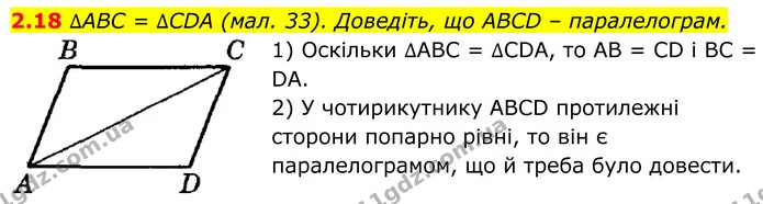 2.18 ∆ABC = ∆CDA (мал. 33). Доведіть, що ABCD – паралелограм. — ГДЗ Геометрія 8 клас Істер