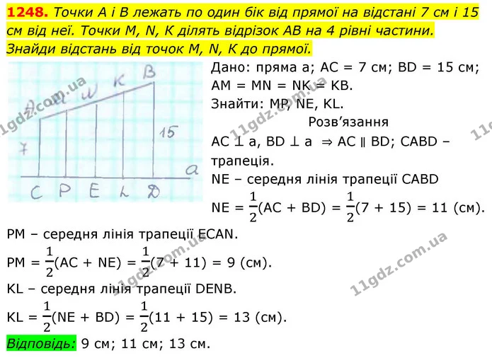 1248. Точки А і В лежать по один бік від прямої на відстані 7 см і 15 см від неї. Точки М, N, К ділять відрізок АВ на 4 рівні частини — ГДЗ Геометрія 8 клас Бевз