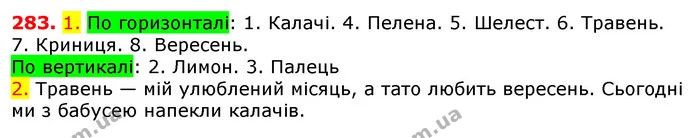 283. 1. По горизонталі: 1. Калачі. 4. Пелена. 5. Шелест. 6. Травень. 7. Криниця. 8. Вересень. — ГДЗ Українська мова 5 клас Єрмоленко 2018