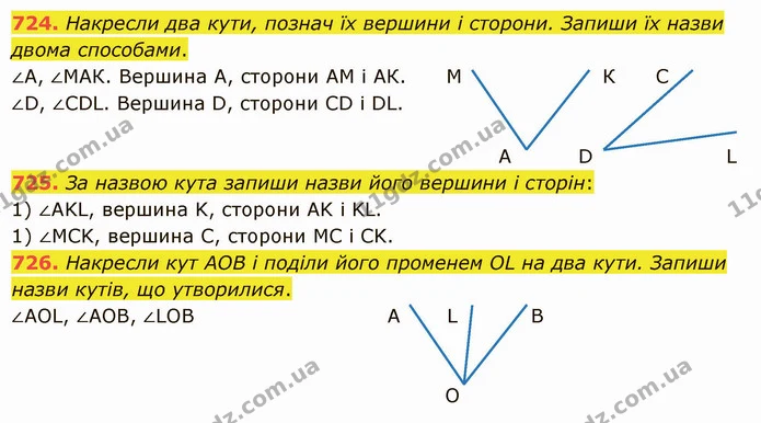 724. Накресли два кути, познач їх вершини і сторони. Запиши їх назви двома способами. — ГДЗ Математика 5 клас Істер 2022