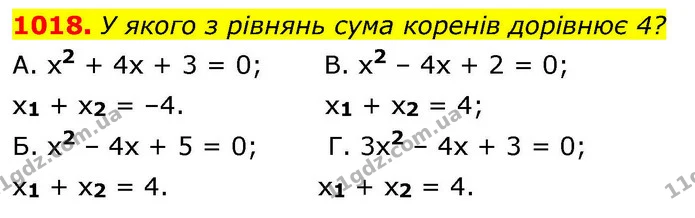 1018. У якого з рівнянь сума коренів дорівнює 4? — ГДЗ Алгебра 8 клас Бевз
