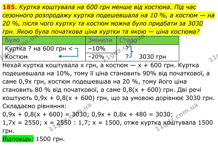 185. Куртка коштувала на 600 грн менше від костюма. Під час сезонного розпродажу куртка подешевшала на 10 %, а костюм — на 20 %, після — ГДЗ Алгебра 8 клас Мерзляк