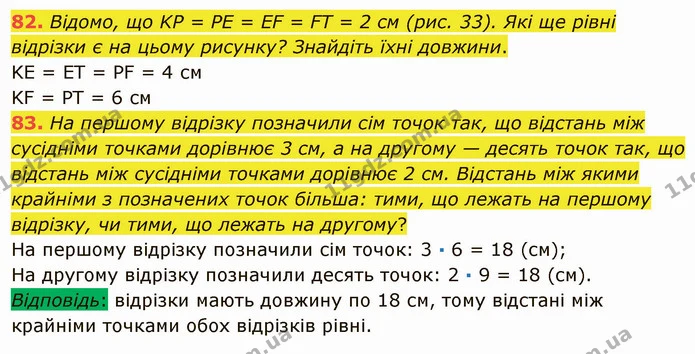 82. Відомо, що KP = PE = EF = FT = 2 см (рис. 33). Які ще рівні відрізки є на цьому рисунку? Знайдіть їхні довжини. — ГДЗ Математика 5 клас Мерзляк