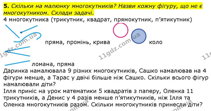 5. Скільки на малюнку многокутників? Назви кожну фігуру, що не є многокутником. Склади задачі. — ГДЗ Математика 2 клас Лишенко