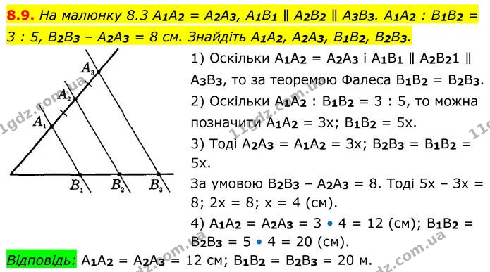 8.9. На малюнку 8.3 A1A2 = A2A3, A1B1 ∥ A2B2 ∥ A3B3. A1A2 : B1B2 = 3 : 5, B2B3 – A2A3 = 8 см. Знайдіть A1A2, A2A3, B1B2, B2B3. — ГДЗ Геометрія 8 клас Істер