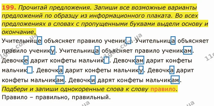 199. Прочитай предложения. Запиши все возможные варианты предложений по образцу из информационного плаката. Во всех предложениях в — ГДЗ Русский язык и чтение 3 класс Лапшина