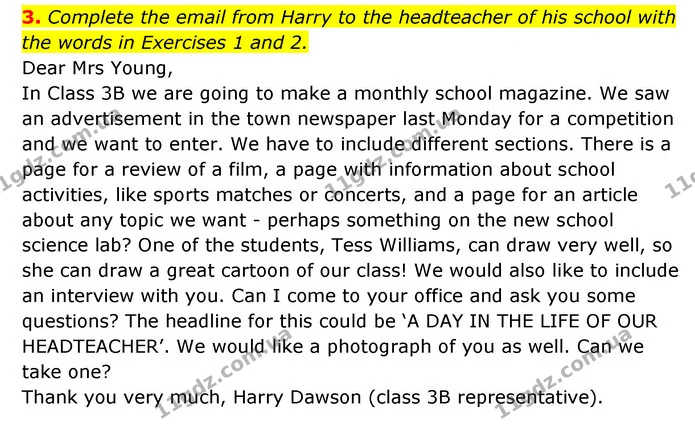 3. Complete the email from Harry to the headteacher of his school with the words in Exercises 1 and 2. — ГДЗ робочий зошит Англійська мова 6 клас Prepare
