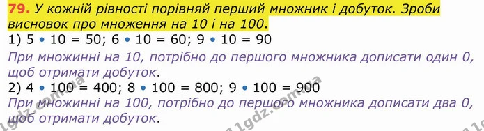 79. У кожній рівності порівняй перший множник і добуток. Зроби висновок про множення на 10 і на 100. — ГДЗ Математика 4 клас Лишенко 1-2 ч.