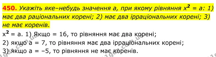 450. Укажіть яке–небудь значення a, при якому рівняння x2 = a: 1) має два раціональних корені; 2) має два ірраціональних корені; 3) не — ГДЗ Алгебра 8 клас Мерзляк