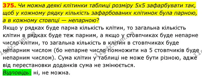 375. Чи можна деякі клітинки таблиці розміру 5x5 зафарбувати так, щоб у кожному рядку кількість зафарбованих клітинок була парною, а в — ГДЗ Математика 6 клас Кравчук 2023
