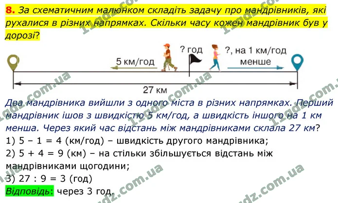 8. За схематичним малюнком складіть задачу про мандрівників, які рухалися в різних напрямках. Скільки часу кожен мандрівник був у — ГДЗ Математика 4 клас Логачевська 1-2 ч. 2021