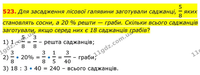 523. Для засадження лісової галявини заготували саджанці, 58 яких становлять сосни, а 20 % решти — граби. Скільки всього саджанців — ГДЗ Математика 6 клас Кравчук 2023