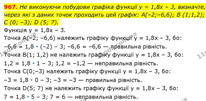 967. Не виконуючи побудови графіка функції y = 1,8x – 3, визначте, — Алгебра 7 клас Мерзляк 2024