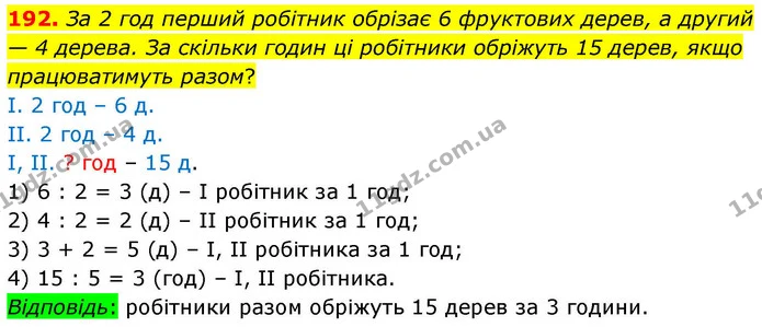 192. За 2 год перший робітник обрізає 6 фруктових дерев, а другий — 4 дерева. За скільки годин ці робітники обріжуть 15 дерев, якщо — ГДЗ Математика 4 клас Листопад