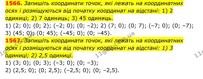 1566. Запишіть координати точок, які лежать на координатних осях і розміщуються від початку координат на відстані: 1) 2 одиниці; 2) 7 — ГДЗ Математика 6 клас Тарасенкова 2023 1-2 ч.