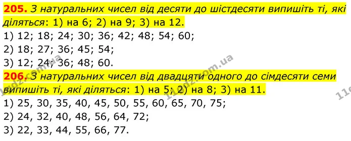 205. З натуральних чисел від десяти до шістдесяти випишіть ті, які діляться: 1) на 6; 2) на 9; 3) на 12. — ГДЗ Математика 6 клас Тарасенкова 2023 1-2 ч.