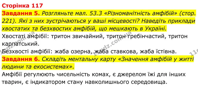 5. Розгляньте мал. 53.3 «Різноманітність амфібій» (стор. 221). Які з них зустрічаються у ваші місцевості? Наведіть приклади хвостатих — ГДЗ Робочий зошит Біологія 7 клас Мирна 2024
