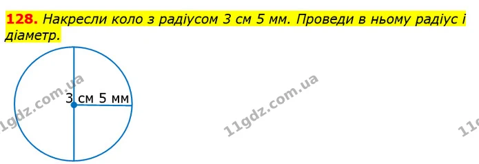 128. Накресли коло з радіусом 3 см 5 мм. Проведи в ньому радіус і діаметр. — ГДЗ Математика 3 клас Листопад 1-2 ч.