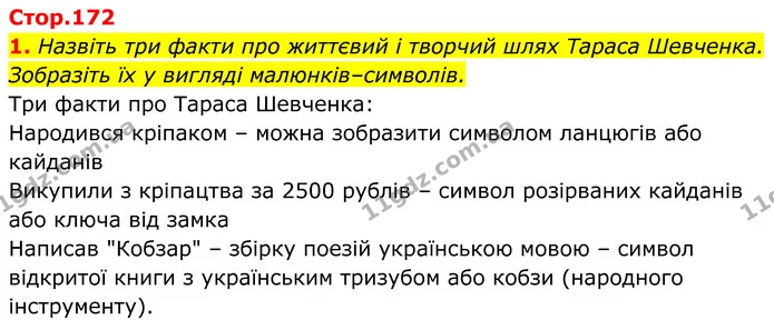 1. Назвіть три факти про життєвий і творчий шлях Тараса Шевченка. Зобразіть їх у вигляді малюнків–символів. — ГДЗ Українська література 8 клас Калинич