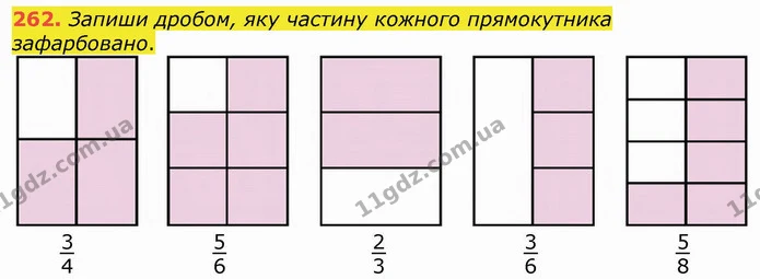 262. Запиши дробом, яку частину кожного прямокутника зафарбовано. — ГДЗ Математика 4 клас Лишенко 1-2 ч.