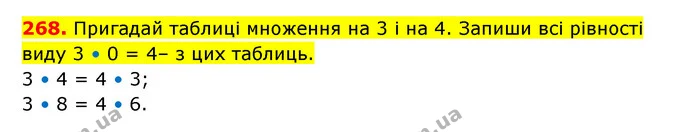 268. Пригадай таблиці множення на 3 і на 4. Запиши всі рівності виду 3 • 0 = 4– з цих таблиць. — ГДЗ Математика 3 клас Будна 1-2 ч.