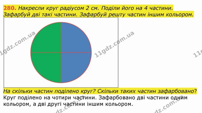 280. Накресли круг радіусом 2 см. Поділи його на 4 частини. Зафарбуй дві такі частини. Зафарбуй решту частин іншим кольором. — ГДЗ Математика 4 клас Лишенко 1-2 ч.