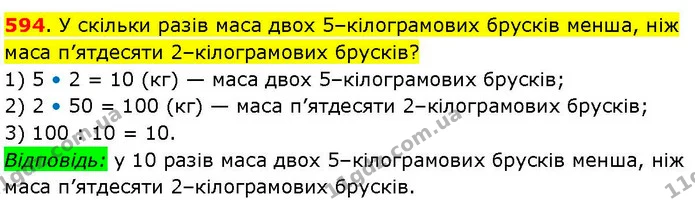 594. У скільки разів маса двох 5–кілограмових брусків менша, ніж маса п’ятдесяти 2–кілограмових брусків? — ГДЗ Математика 3 клас Козак 1-2 ч.