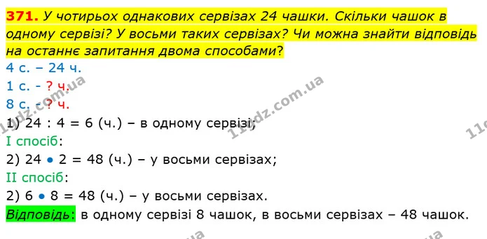 371. У чотирьох однакових сервізах 24 чашки. Скільки чашок в одному сервізі? У восьми таких сервізах? Чи можна знайти відповідь на — ГДЗ Математика 4 клас Заїка