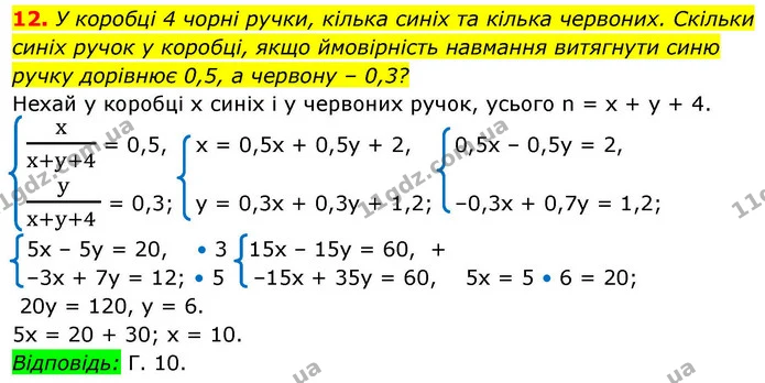 12. У коробці 4 чорні ручки, кілька синіх та кілька червоних. Скільки синіх ручок у коробці, якщо ймовірність навмання витягнути синю — ГДЗ Алгебра 9 клас Істер