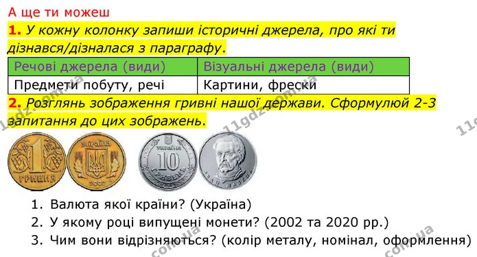 Розглянь світлини речових пам’яток. Обери одну з них та досліди її як історичне джерело, використавши запропонований вище інструмент — ГДЗ Досдіджуємо історію і суспільство 5 клас Пометун