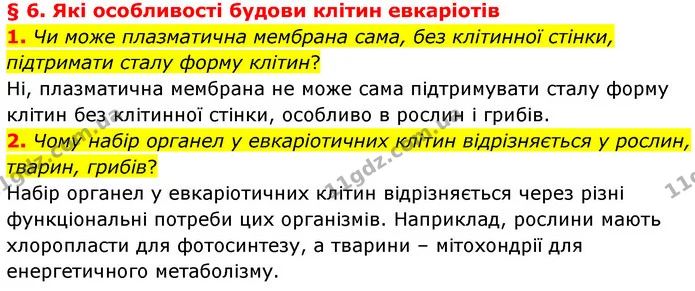1. Чи може плазматична мембрана сама, без клітинної стінки, підтримати сталу форму клітин? — ГДЗ Біологія 7 клас Балан