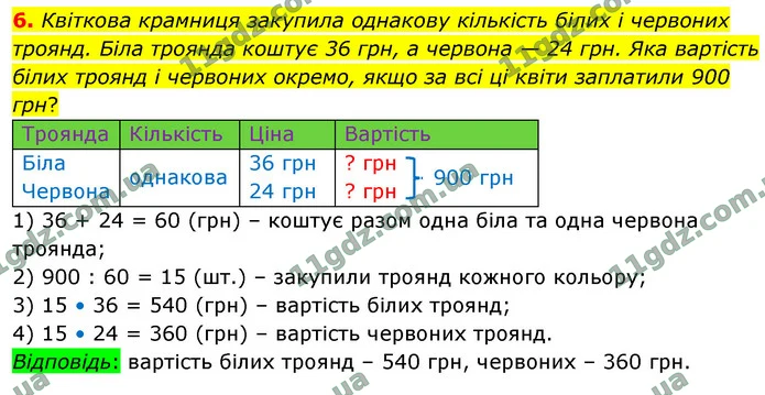 6. Квіткова крамниця закупила однакову кількість білих і червоних троянд. Біла троянда коштує 36 грн, а червона — 24 грн. Яка вартість — ГДЗ Математика 4 клас Логачевська 1-2 ч. 2021