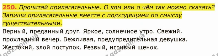 250. Прочитай прилагательные. О ком или о чём так можно сказать? Запиши прилагательные вместе с подходящими по смыслу существительными. — ГДЗ Русский язык и чтение 3 класс Лапшина