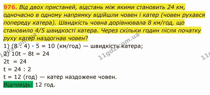 976. Від двох пристаней, відстань між якими становить 24 км, одночасно в одному напрямку відійшли човен і катер (човен рухався попереду — ГДЗ Математика 5 клас Мерзляк