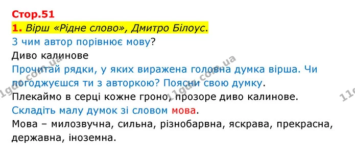 1. Вірш «Рідне слово», Дмитро Білоус. — ГДЗ Українська мова 4 клас Чабайовська