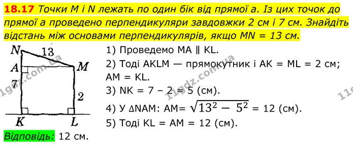 18.17 Точки M і N лежать по один бік від прямої а. Із цих точок до прямої а проведено перпендикуляри завдовжки 2 см і 7 см. Знайдіть — ГДЗ Геометрія 8 клас Істер