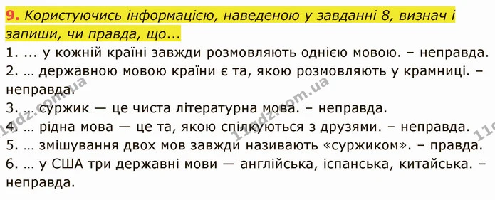 9. Користуючись інформацією, наведеною у завданні 8, визнач і запиши, чи правда, що... — ГДЗ Українська мова 5 клас Онатій