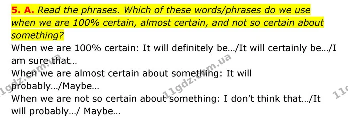 5. A. Read the phrases. Which of these words/phrases do we use when we are 100% certain, almost certain, and not so certain about — ГДЗ Англійська мова 6 клас Мітчелл