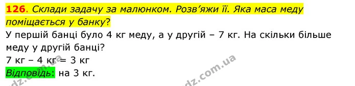 126. Склади задачу за малюнком. Розв’яжи її. Яка маса меду поміщається у банку? — ГДЗ Математика 3 клас Бевз 1 частина